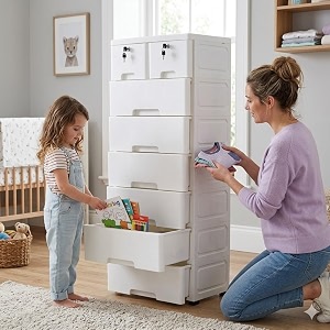 the tickle toe plastic chest of 8 drawers for kids  multipurpose organizer amp kids wardrobe with 2 locks  glossy dresser for clothes amp toys  51lx33wx139h cm  white