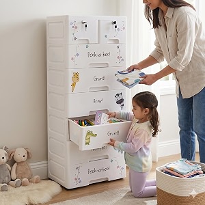 the tickle toe plastic chest of 8 drawers for kids  multipurpose organizer amp kids wardrobe with 2 locks  glossy dresser for clothes amp toys  51lx33wx139h cm  white with animal print