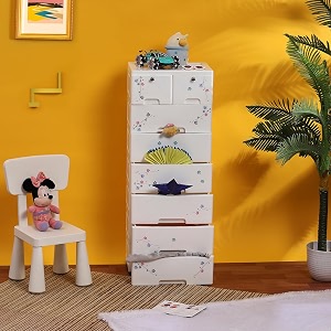 the tickle toe plastic chest of 8 drawers for kids  multipurpose organizer amp kids wardrobe with 2 locks  glossy dresser for clothes amp toys  51lx33wx139h cm  white with flower print