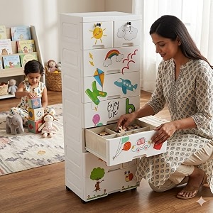 the tickle toe plastic chest of 8 drawers for kids  multipurpose organizer amp kids wardrobe with 2 locks  glossy dresser for clothes amp toys  51lx33wx139h cm  white
