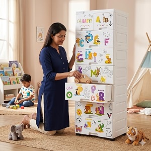 the tickle toe plastic chest of 8 drawers for kids  multipurpose organizer amp kids wardrobe with 2 locks  glossy dresser for clothes amp toys  51lx33wx139h cm  white with alphabets print