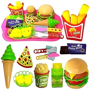 tickles 18 pcs play fast food set pretend play barger fries and ice cream with trey food toy  best gifts food playset for boys girls kids- multicolor 4 years and up