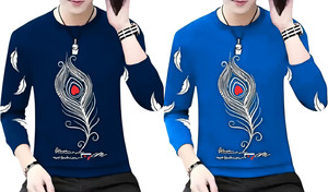 Ticoss Printed Men Round Neck Navy Blue
