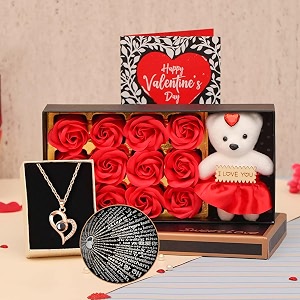 tied ribbons valentine gift for girlfriend wife girls her scented red rose flowers gift box with teddy small greeting card and heart shape pendant hamper