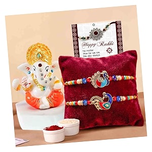 tied ribbons rakhi gift for brother - set of 2 designer rakhi with mini ganesh idol figurine and roli tika - rakhi for brother