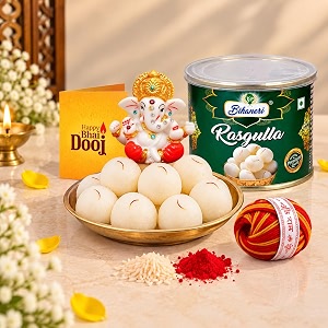 tied ribbons bhai dooj gift set with greeting card ganesha idol roli chawal moli thread amp sweets  traditional bhaiya dooj puja gift for brother bhai dooj hamper for festival celebration