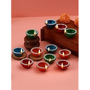 tied ribbons set of 12 handmade clay diyas earthen oil lamp diya for diwali decoration home puja office pooja room mandir temple table dipawali decor items multi 5 cm x 2 cm