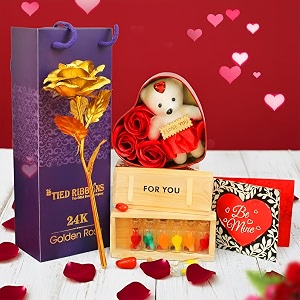 tied ribbons valentine gift artificial golden rose flower with teddy gift box and love messages bottles combo - valentine gift for girlfriend boyfriend husband wife couple