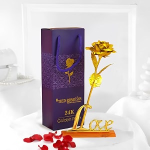 tied ribbons 24k gold plated artificial rose flower with love stand and box - valentine gift for girlfriend boyfriend girls boys husband wife love couple