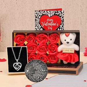 tied ribbons valentine gift for girlfriend wife girls her scented red rose flowers gift box with teddy greeting card and heart shape pendant - wedding anniversary birthday valentine gifts