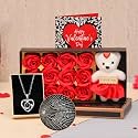 TIED RIBBONS Valentine Gift for Girlfriend Wife Girls Her (Scented Red Rose Flowers Gift Box with Teddy, Greeting Card and Heart Shape Pendant) - Wedding Anniversary Birthday Valentine Gifts