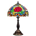 Tiffany 3-Color Stained Glass Lamp - Vintage Beside Reading Lamp, 12 inch Living Room Light, Flowers Style Antique Nightstand Light (Red Roses Heart)