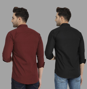 TIGERSNAKE Men Solid Casual Maroon Black Shirt
