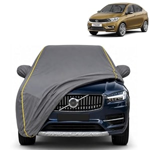tigor 100 waterproof car cover  dustproof sun protection cover  soft cotton lining  triple stitched  mirror pocket  antenna pocket  all weather body cover grey with yellow piping
