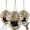 TIHOOD 3PCS Hummingbird House, Hand Woven Bird Nest for Outdoors Hanging, Small Grass Bird Houses for Outside, Natural Fiber Bird Hut Roosting Pocket for Finch Canary Chickadee