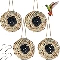 TIHOOD 4PCS 5.5inch Hanging Hummingbird Nest House for Outside, Ball Shape, Hand Woven, Durable Sturdy, Made of Natural Grass, Perfect for Garden Patio Lawn Office Indoor