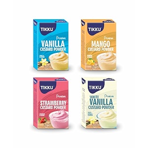 tikku combo of custard powder 100g x 4 flavors vanilla strawberry mango white vanilla