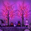 [Timer] 2 Pack Halloween Decorations Indoor, 24 Inch Lighted Black Halloween Tree with 24 Orange & Purple Lights, USB or Battery Powered Spooky Tabletop Tree for Home, Party, Fireplace & Holiday Decor