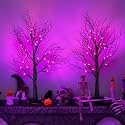 [Timer] 2 Pack Halloween Decorations Indoor, 24 Inch Lighted Black Halloween Tree with 24 Orange &amp; Purple Lights, USB or Battery Powered Spooky Tabletop Tree for Home, Party, Fireplace &amp; Holiday Decor
