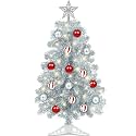 [Timer & 8 Modes] 3FT Silver Small Christmas Tree with 50 Warm White Lights, Silver Xmas Tree with Star Topper & 15 Ball Ornaments Xmas Trees Decorations