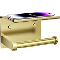 Tindbea Toilet Paper Holder with Phone Shelf, Adhesive or Screw Wall Mount Toilet Tissue Roll Holder, Rustproof &amp; Multifunctional Stainless Steel Bathroom Storage Dispenser (Brushed Gold)