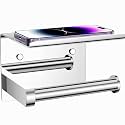 Tindbea Toilet Paper Holder with Phone Shelf, Adhesive or Screw Wall Mount Toilet Tissue Roll Holder, Rustproof &amp; Multifunctional Stainless Steel Bathroom Storage Dispenser (Polished Chrome)