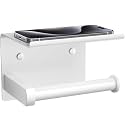 Tindbea Toilet Paper Holder with Phone Shelf, Adhesive or Screw Wall Mount Toilet Tissue Roll Holder, Rustproof &amp; Multifunctional Stainless Steel Bathroom Storage Dispenser (White)