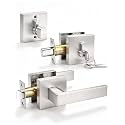Tinewa 1 Pack Brushed Nickel Passage Door Lever with Single Cylinder Deadbolt, Exterior Square Door Handle with Deadbolt Keyed Alike, Satin Nickel Door Lock Handleset