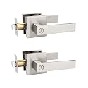 Tinewa 2 Pack Privacy Square Brushed Nickel Door Handle Interior, Keyless Door Knob for Bedroom/Bathroom, Reversible for Left Right Handed Doors