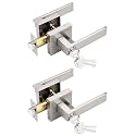 Tinewa 2 Pack Square Entry Door Levers with Lock and Key, Brushed Nickel Entrance Door Handles, for Exterior or Interior Doors, Bedroom, Office, Hotel (Each with 3 Keys)