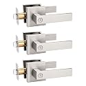 Tinewa 3 Pack Privacy Square Brushed Nickel Door Handle Interior, Keyless Door Knob for Bedroom/Bathroom, Reversible for Left Right Handed Doors