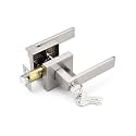 Tinewa Square Entry Door Lever with Lock and Key, Brushed Nickel Entrance Door Handles, for Exterior or Interior Doors,1 Pack (Each with 3 Keys)