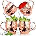 TINSKY Moscow Mule Mugs with Handles 16oz 4 Set Pure Copper Cups for Drinking Hammered Copper Glasses, Welded Handles 4 Straws for Cocktails, Beer, Cold Drinks, Party, Gift Giving