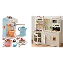 Tiny Land New Modern Play Kitchen for Kids & Kids Coffee Maker Wooden Kit, Toy Kitchen Set with Plenty of Play Features, Gift for Ages 3+