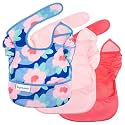 Tiny Twinkle Mess-Proof Baby Bibs for Eating | Waterproof, Wipeable Toddler Bibs with Catch-All Pocket | Feeding Bibs for Girls &amp; Boys(3 Pack,Blue Floral)
