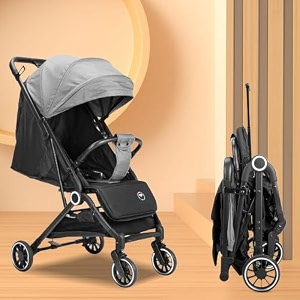 tinyberg baby stroller for 0-5 years pram featherlite lightweight cabin-friendly portable stroller for travel one-hand fold 5-point safety harness shock absorbers multi recline up to 25kg grey
