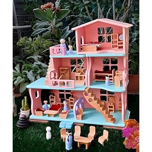large wooden dollhouse  3-story doll house playset with furniture  montessori pretend play amp educational toy for kids ages 3