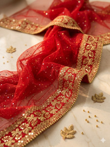 TinyTwist Net Embroidered Solid Embellished Red Women