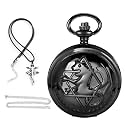 Tiong Retro Silver Quartz Pocket Watch Men Fashion Full Metal Alchemist Necklace Fob Watches for Christmas Graduation Birthday Gifts Fathers Day
