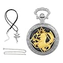 Tiong Retro Silver Quartz Pocket Watch Men Fashion Full Metal Alchemist Necklace Fob Watches for Christmas Graduation Birthday Gifts Fathers Day