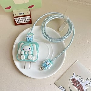 tiwkka cute cartoon lightning data cable case for iphone charger silicone case cover with complete protection suitable for iphone 18-20w usb-c power adapter charger cover cat 9 sky blue