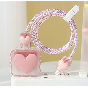 tiwkka silicone charger case cover with 360-degree full protection heart design suitable for iphone for 18-20w usb-c power adapter charger cover pink