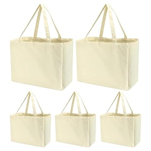 tkonline 5pcs reusable canvas grocery bag foldable heavy duty blank canvas tote bag bulk grocery shopping shoulder bags washable canvas bag with handles white large