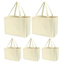TKOnline 5PCS Reusable Canvas Grocery Bag, Foldable Heavy Duty Blank Canvas Tote Bag, Bulk Grocery Shopping Shoulder Bags, Washable Canvas Bag with Handles, White, Large