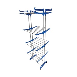 tnc stainless steel double pole 4-tier movable cloth drying rack with wheels foldable amp collapsible clothes stand for laundry towels sarees amp bedsheets