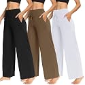 TNNZEET 3 Pack Women's Wide Leg Pants with Pockets - Casual Loose Yoga Trouser Pants Sweatpants Palazzo Lounge Pajama Pants