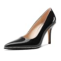 TNYNFBEB Womens Stiletto Mid Heel Pointed Toe Pumps Slip-on Sliver Beaded Prom Wedding Dress Basic Classic Patent Leather 3.5 Inches Heels