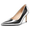 TNYNFBEB Womens Stiletto Mid Heel Pointed Toe Pumps Slip-on Sliver Beaded Prom Wedding Dress Basic Classic Patent Leather 3.5 Inches Heels