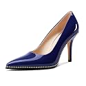 TNYNFBEB Womens Stiletto Mid Heel Pointed Toe Pumps Slip-on Sliver Beaded Prom Wedding Dress Basic Classic Patent Leather 3.5 Inches Heels
