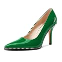 TNYNFBEB Womens Stiletto Mid Heel Pointed Toe Pumps Slip-on Sliver Beaded Prom Wedding Dress Basic Classic Patent Leather 3.5 Inches Heels